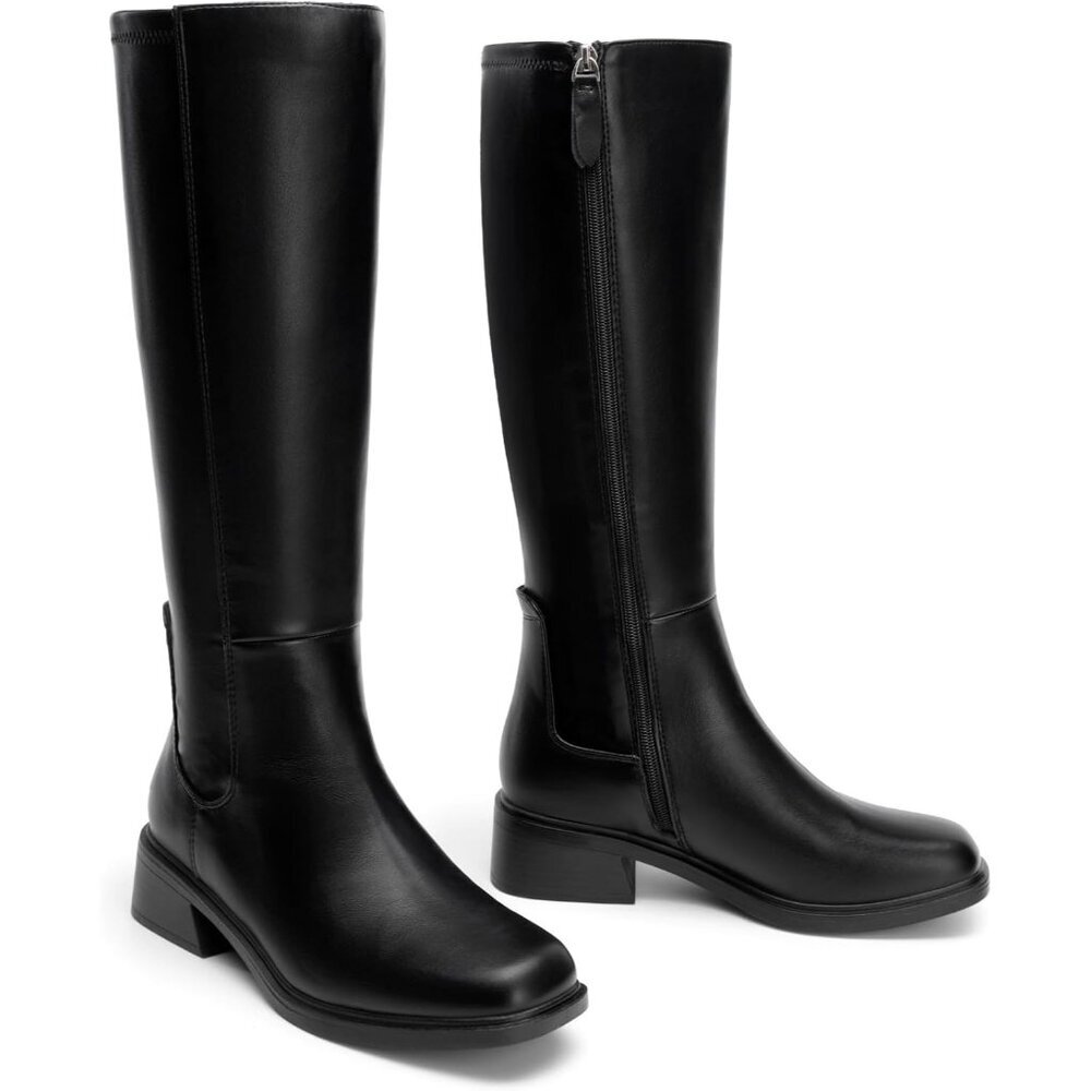 Women's Black Block Heel Casual Long Boots Knee High Side Zipper Faux Leather - Picture 5 of 6